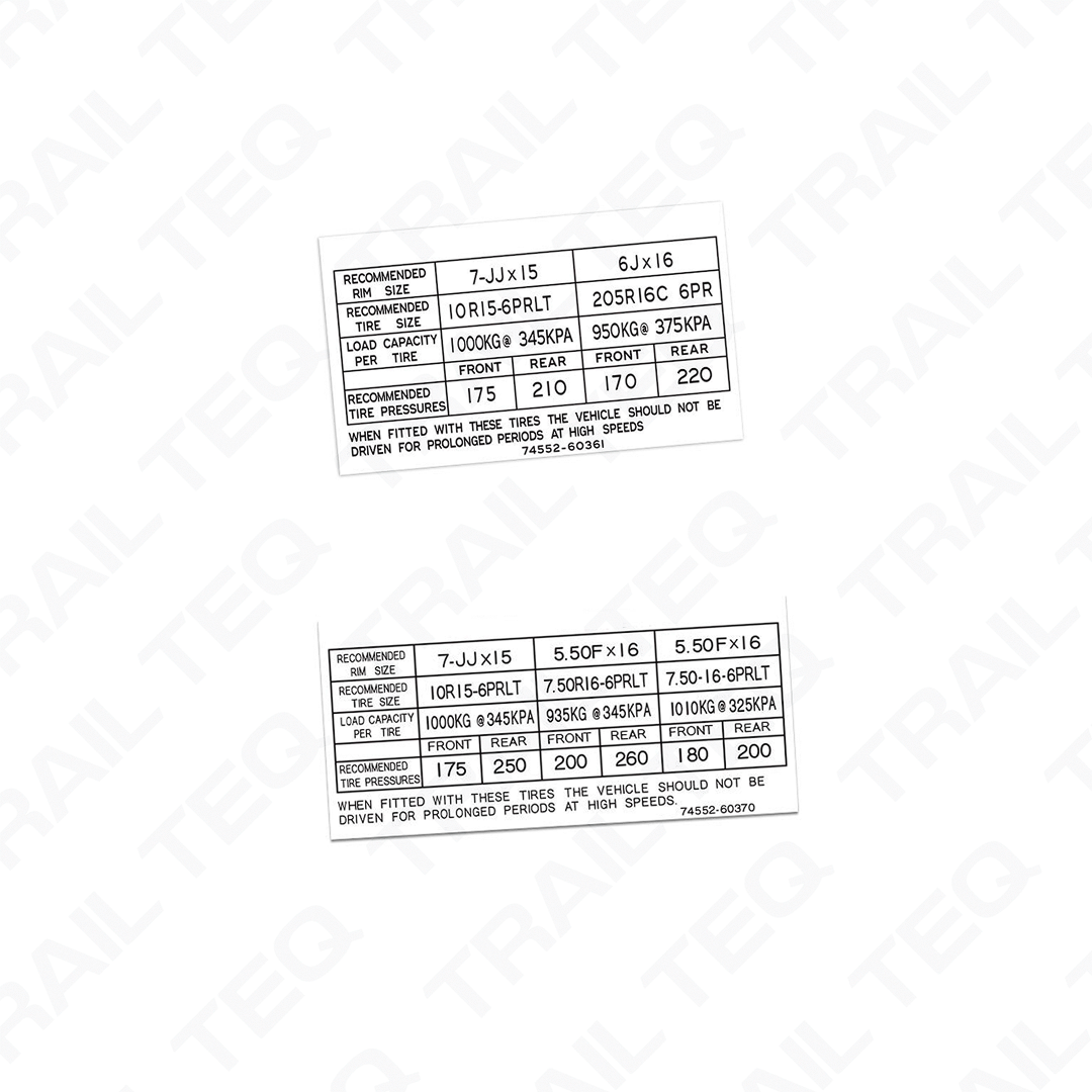 Replacement Tyre Placard (Short / Mid Wheel Base Models) - 70 Series Landcruiser