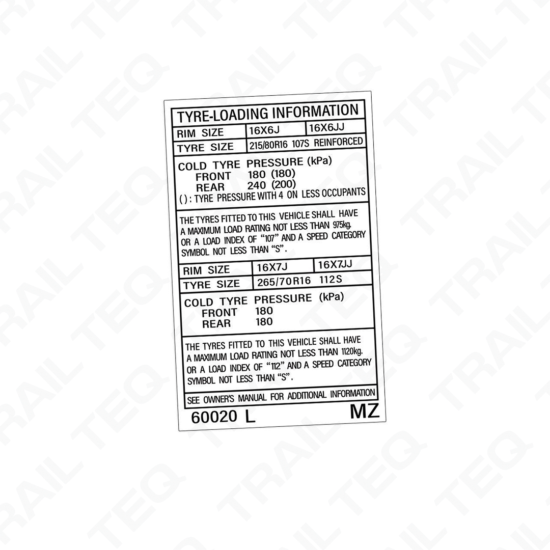 Tyre Information Placard (60200) - 90 Series Landcruiser Prado